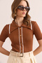 Women's Camel Hair Polo Neck Button Detailed Crop Knitwear Blouse Blz- 19002642 - 5