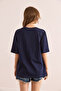 Women's Navy Blue Garnished T-Shirt Tsh-19000768 - 2
