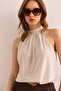 Women's Stone Collar Buttoned Halter Neck Flowy Blouse Blz- 19002673