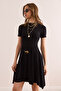 Women's Black Self Belt Detailed Soft Textured Bell Dress Elb- 19002368 - 3
