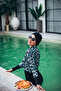 Mozaic Women's Short Patterned Zippered Full Covered Hijab Swimsuit Set of 3 - 6