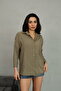 Women's Khaki Oversize Pocket Three Quarter Sleeve Shirt - 2