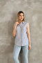 Zero Sleeve Navy Blue Striped Cotton Linen Women's Shirt - 7