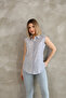 Zero Sleeve Navy Blue Striped Cotton Linen Women's Shirt - 6