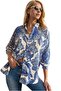 Women's Blue Floral Patterned Long Sleeve Linen Collared Buttoned Shirt - 4