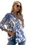 Women's Blue Floral Patterned Long Sleeve Linen Collared Buttoned Shirt - 2