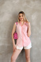 Zero Sleeve Pink Striped Cotton Linen Women's Shirt
