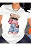Stylish Cartoon Bear Print Comfortable Round Neck T-Shirt for Women, 100% Polyester Knitted Fabric,