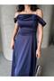 Navy Blue Stone Strap Low Sleeve Satin Evening Dress - 4