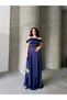 Navy Blue Stone Strap Low Sleeve Satin Evening Dress - 3
