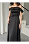 Black Stone Strap Low Sleeve Satin Evening Dress - 4