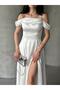 White Stone Strap Low Sleeve Satin Evening Dress - 4