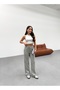 Women's Khaki Striped Knitted Fabric Loose Wide Leg Waist Lace up High Waist Palazzo Pants - 3