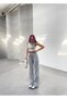 Women's Indigo Striped Knitted Fabric Loose Wide Leg Waist Lace up High Waist Palazzo Pants - 3