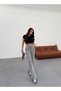 Women's Black Striped Knitted Fabric Loose Wide Leg Waist Lace up High Waist Palazzo Pants - 3