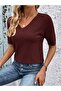 Summer Blouse V-Neck Lycra Short Sleeve Knitwear Burgundy Blouse - 3