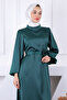 Emerald Green Rose Belt Detailed Balloon Sleeve Satin Evening Dress - 4