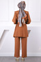 Brown Tie Waist Tunic Trousers Suit - 3