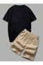 Nasa Summer T-Shirt Shorts - Black Beige Shorts T-Shirt Set Printed Oversize Crew Neck - 2