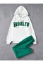 1898 Brooklyn Tracksuit Set White Sweatshirt Green Jogger - Printed Oversize Ribbon Hoodie