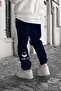 Smile Face Navy Blue Jogger Thin Sweatpants - Elastic Leg Printed Comfortable Style with Leg Print Detail