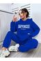 طقم بدلة رياضية Happiness Sweatshirt Jogger - Sax Blue مطبوع كبير الحجم بقلنسوة