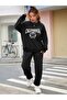 Tennis California Tracksuit Set Sweatshirt Jogger - Black Printed Oversize Ribbed Crew Neck - 2