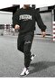 Freedom Tracksuit Set Sweatshirt Jogger - Black Printed Oversize Ribbed Crew Neck - 2