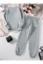 Unprinted Straight Tracksuit Set Sweatshirt Jogger - Gray Oversize Raised Crew Neck - 2