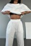 تي شيرت أساسي بنطال رياضي Jogger - طقم بدلة رياضية بيضاء ذات قاع مستقيم وياقة دائرية كبيرة الحجم - 4