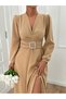 Women's Stone Buckle Detailed Slit Flared Dress - 6