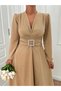 Women's Stone Buckle Detailed Slit Flared Dress