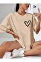 Minimal Heart T-shirt - Light Brown Printed Oversize Crew Neck Short Sleeve T-Shirt - 4