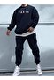 Paris Written Tracksuit Set Sweatshirt Jogger - Navy Blue Printed Oversize Ribbed Crew Neck