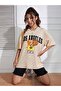 Basketball Bear T-Shirt - Beige Printed Oversize Crew Neck Short Sleeve - 2