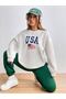 USA Flag Tracksuit Set White Sweatshirt GreenJogger - Printed Oversize Ribbed Crew Neck - 6