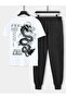 Dragon White T-Shirt Black Sweatpants Jogger- Printed Bottom Top Sweatpants Suit Oversize Bicycle Yak