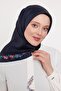 Navy Blue Floral Stripe Twill Silk Scarf - 3