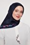 Navy Blue Floral Stripe Twill Silk Scarf - 2