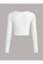 Women's Spider Crystal Stone Printed Crew Neck Long Sleeve Corded Fabric Crop Blouse Top - 3