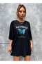 Butterfly Blue Pattern - black, Printed, Crew Neck, Oversize, Short Sleeve, Boyfriend, Loose - 4