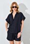 Women's Black Oversize Low Sleeve Shirt Shorts Suit - 4