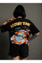 Women's Crew Neck Printed Oversized Short Sleeve T-Shirt - Black - 2