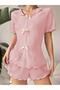 V-Neck Powder Pink Cotton Bow Detailed Pajama Set - 3