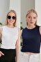 Women's White Navy Blue Halter Neck 2-Piece Crop Blouse