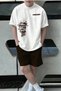 Art T-Shirt Shorts - White Coffee Bottom Top Set Shorts T-Shirt Combination Printed Crew Neck