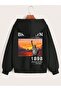 Zippered Cardigan Sweatshirt - Black Printed Oversize Winter Thick Hoodie