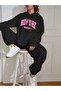 New York Brooklyn Combination Bottom Top Tracksuit Set - Black Printed Oversize Rubber Leg Hooded - 2