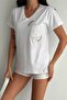 Women's White V-Neck Pocket Sequin Sequin Embroidered 100% Cotton T-Shirt - 6