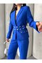 Women's Snap Detailed Jacket and Trousers Suit Sax - 8